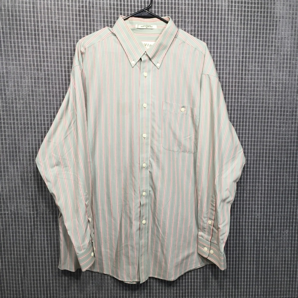 Orvis Mens Button Down Shirt‎ Striped Cotton Long Sleeve XL Sage Green Pink